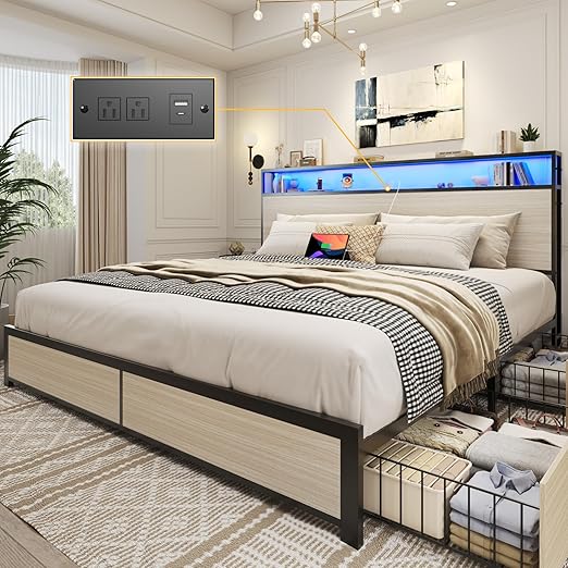 Metal Platform Bed Frame with Storage Headboard, Drawers & LED