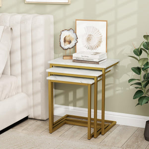 Nesting Coffee Table Set of 3, C-Shaped End Tables with Faux Marble Top