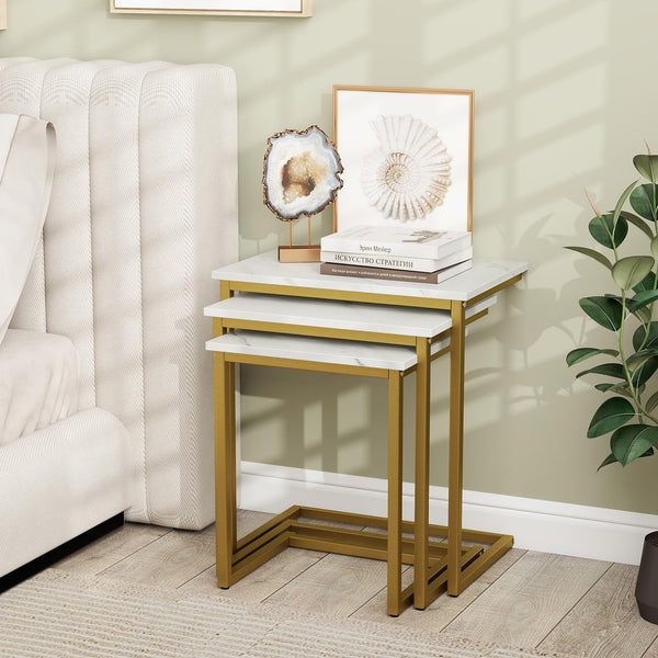 Nesting Coffee Table Set of 3, C-Shaped End Tables with Faux Marble Top