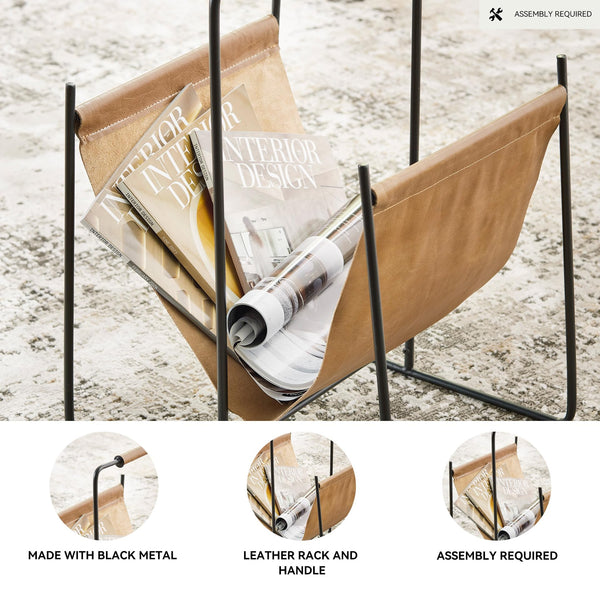 Leather Magazine Rack with Handle – Light Brown & Black