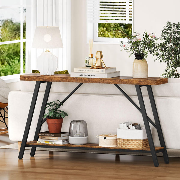 47-Inch 2-Tier Console Table with Storage Shelf – Rustic Brown