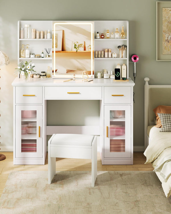 Vanity Desk with Mirror, Lights & Storage