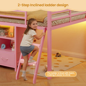 Twin Low Loft Bed with Storage Drawers, Bookshelf & LED Lights