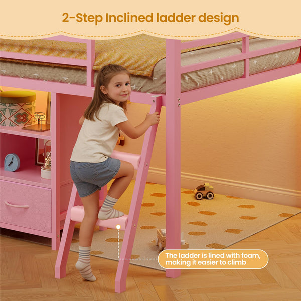 Twin Low Loft Bed with Storage Drawers, Bookshelf & LED Lights