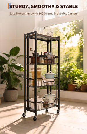 4-Tier Foldable Storage Cart with Lockable Casters