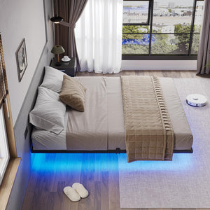 Floating Bed Frame with LED Lights – Metal Platform Bed