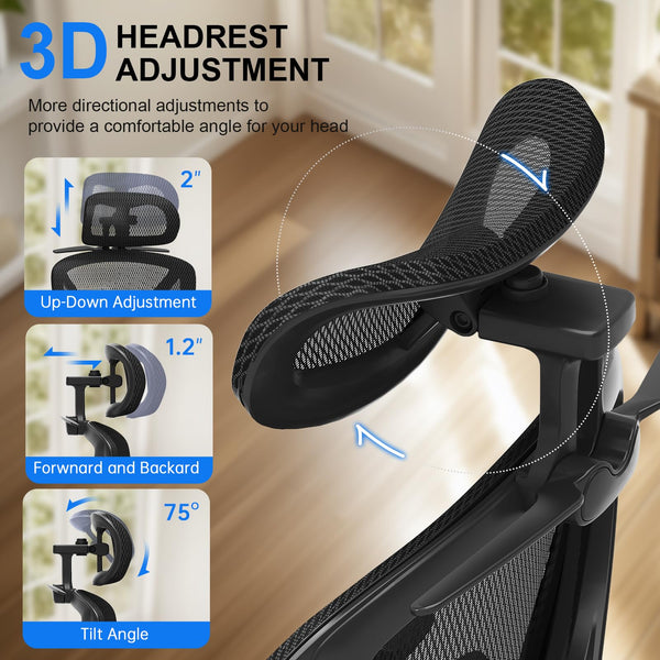 Ergonomic Mesh Office Chair with Lumbar Support, 3D Headrest & Armrests, Reclining High Back, 350 lbs
