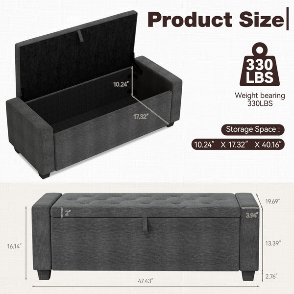 Storage Ottoman Bench with Lid – 47" Upholstered Entryway Bench
