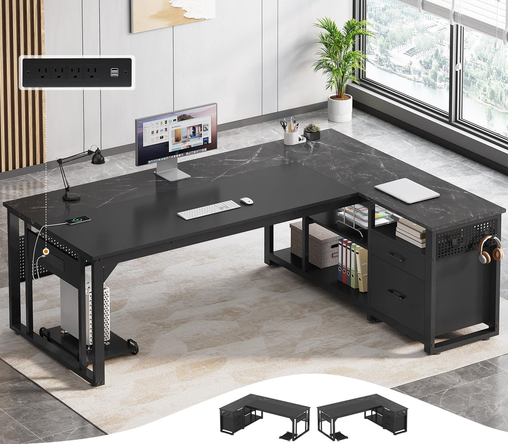 L-Shaped Executive Desk with Power Outlets, File Drawers & Storage
