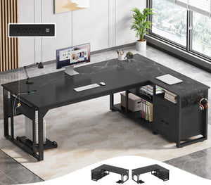 L-Shaped Executive Desk with Power Outlets, File Drawers & Storage