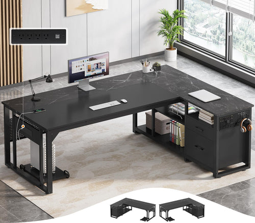 L-Shaped Executive Desk with Power Outlets, File Drawers & Storage