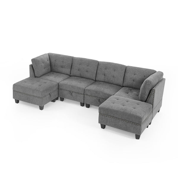 U-Shape Modular Sectional Sofa with Ottoman – Grey Chenille