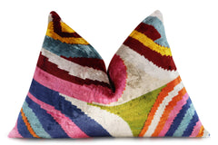 Silk Velvet Throw Pillow 16x24 – Rainbow Ikat Bohemian Accent Cushion