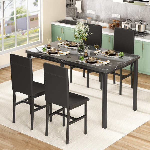 5-Piece Faux Marble Dining Table Set with 4 PU Leather Chairs