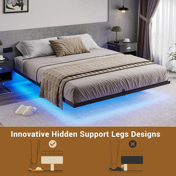 Floating Bed Frame with LED Lights – Metal Platform Bed