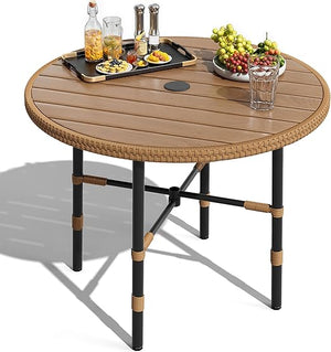 Round Outdoor Patio Dining Table with Umbrella Hole, 35.4" Metal Frame Bistro Table