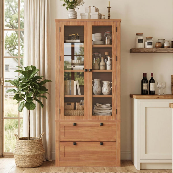 71" Tall Kitchen Pantry Cabinet with Glass Doors & Drawers