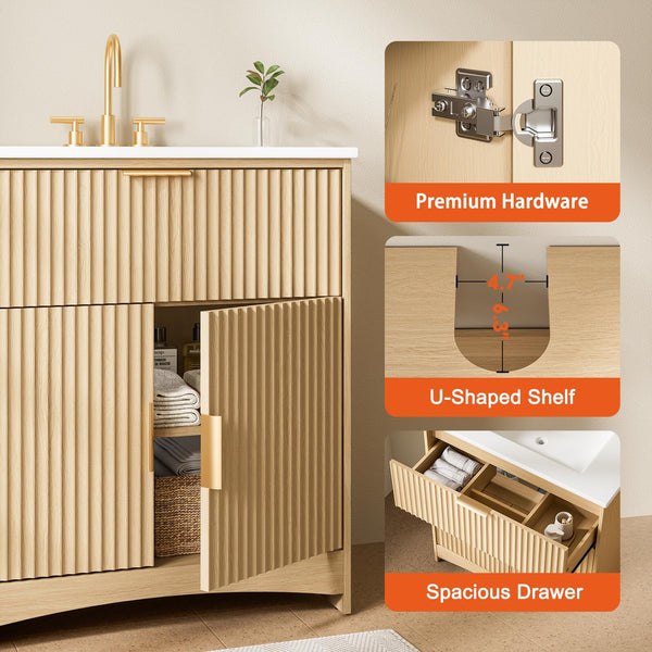 30-Inch Fluted Bathroom Vanity with Ceramic Sink and Storage Cabinet