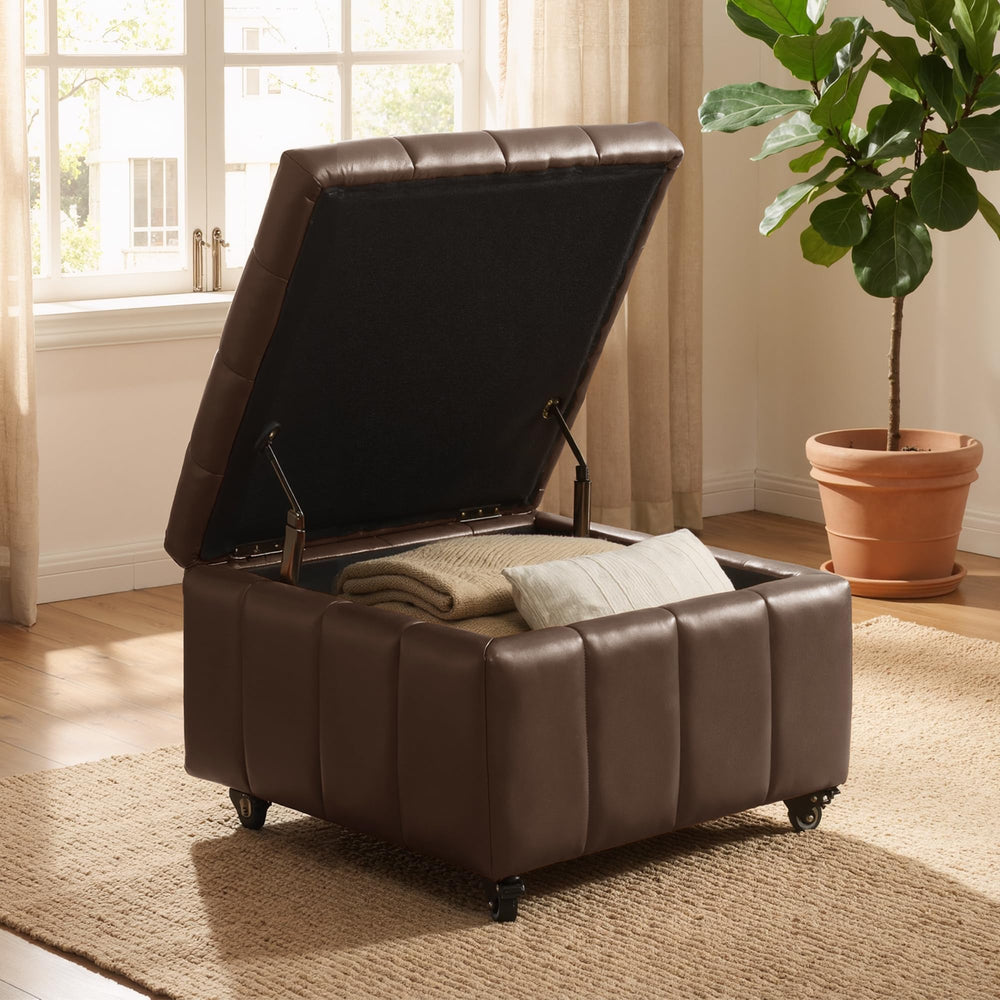 Square Storage Ottoman with Wheels & Faux Leather Lid