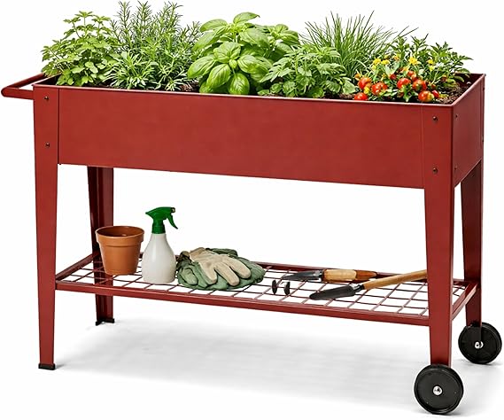 40" Raised Garden Bed with Wheels & Storage Shelf – Metal Planter Box
