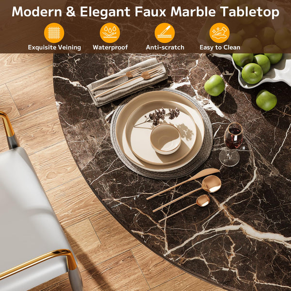 Round Dining Table 47 Inch with Storage Shelf & Marble Top