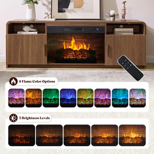 AMERLIFE 70" Fluted Fireplace TV Stand for TVs Up to 80", Modern TV Console with 30" Electric Fireplace & Storage Cabinets, Media Entertainment Center for Living Room, Brown