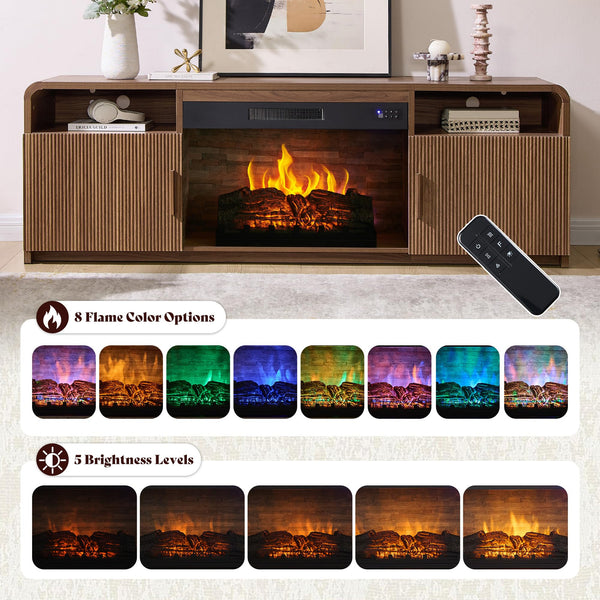 AMERLIFE 70" Fluted Fireplace TV Stand for TVs Up to 80", Modern TV Console with 30" Electric Fireplace & Storage Cabinets, Media Entertainment Center for Living Room, Brown