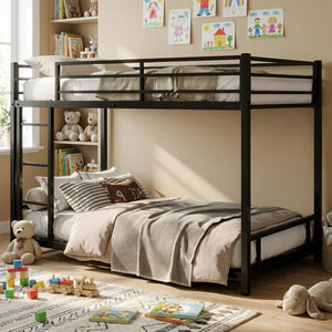 Twin Over Twin Low Bunk Bed Frame – Heavy-Duty Metal with Guardrails