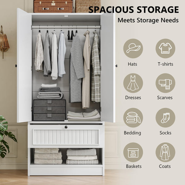 Wood Armoire Wardrobe with Mirror & Drawer