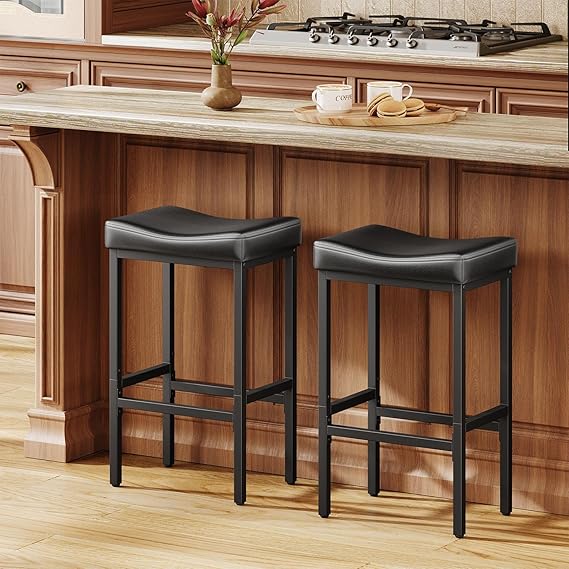 24" Counter Height Bar Stools – Faux Leather Saddle Seat, Metal Legs