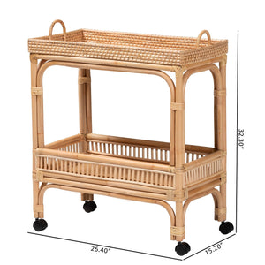 2-Tier Natural Rattan Wine Cart with Caster Wheels