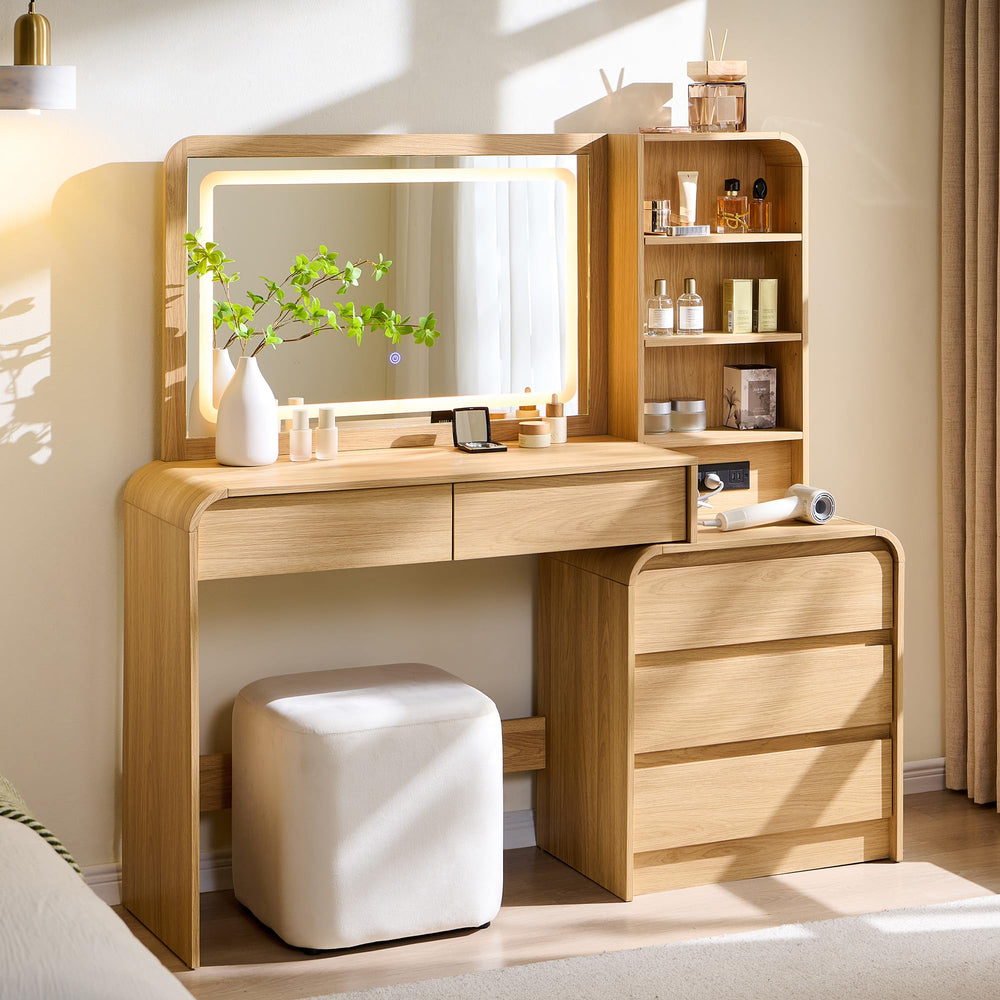 Vanity Desk with Mirror, Lights & 5 Drawers
