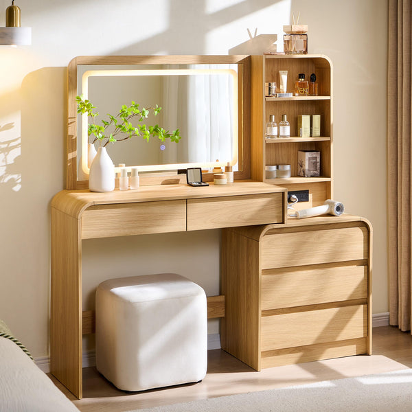 Vanity Desk with Mirror, Lights & 5 Drawers