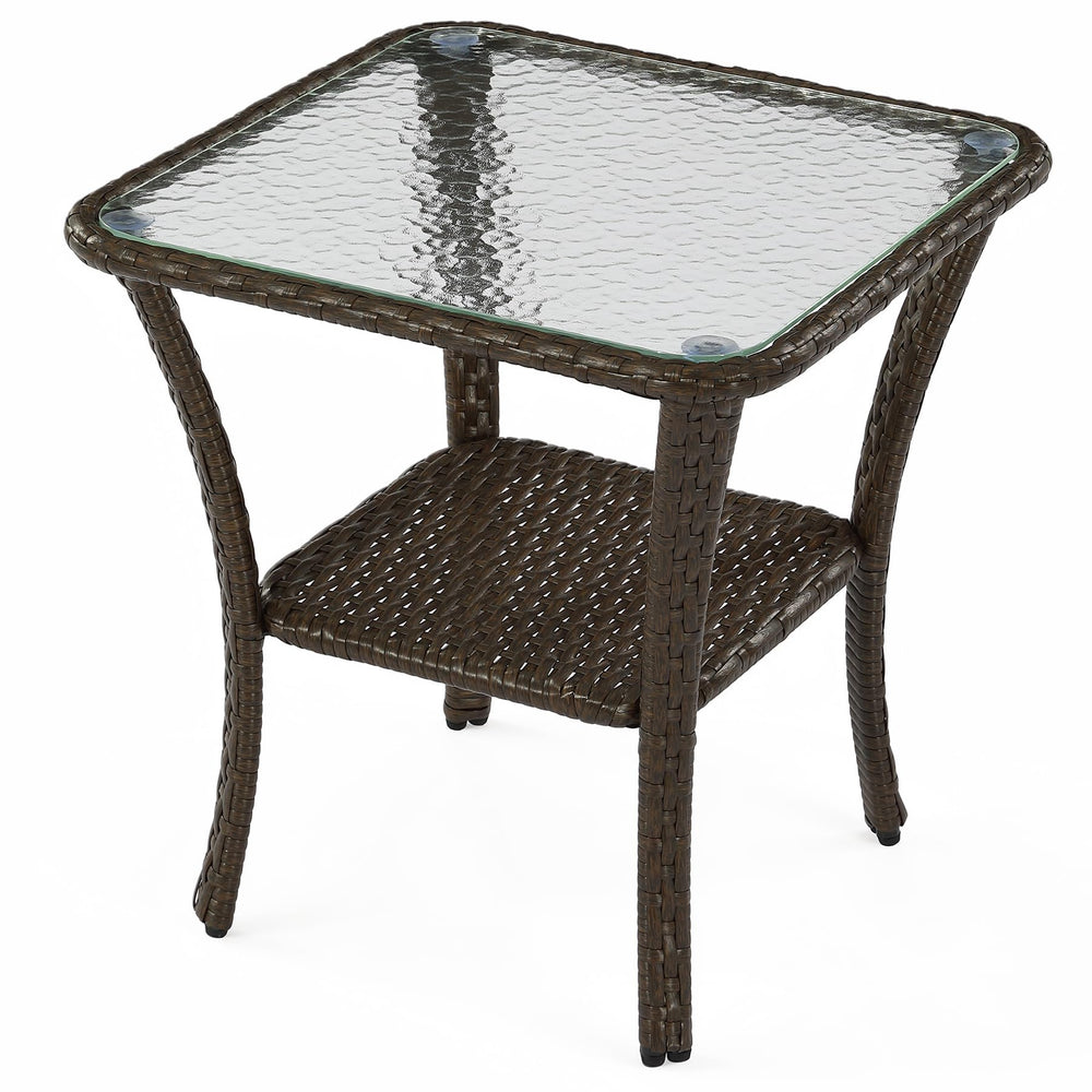 2-Tier Outdoor Wicker Side Table with Tempered Glass Top