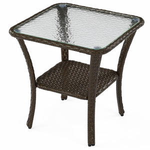 2-Tier Outdoor Wicker Side Table with Tempered Glass Top