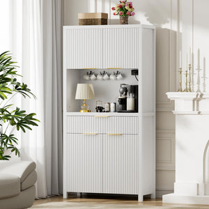 Fluted Pantry Cabinet with Charging Station, Adjustable Shelves & Storage Drawers