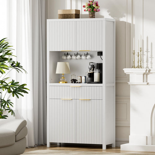 Fluted Pantry Cabinet with Charging Station, Adjustable Shelves & Storage Drawers