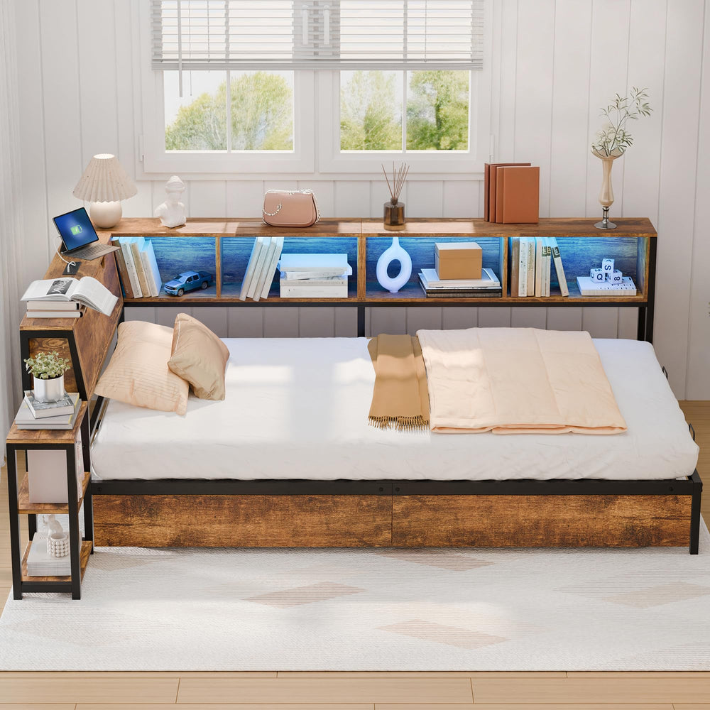 Twin Corner Bed Frame with Storage & LED Lights