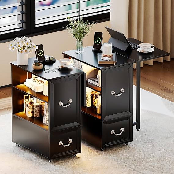 Rolling End Table with Charging Station & LED Lights