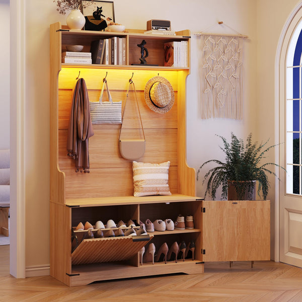 Hall Tree with Bench, Shoe Storage & LED Light