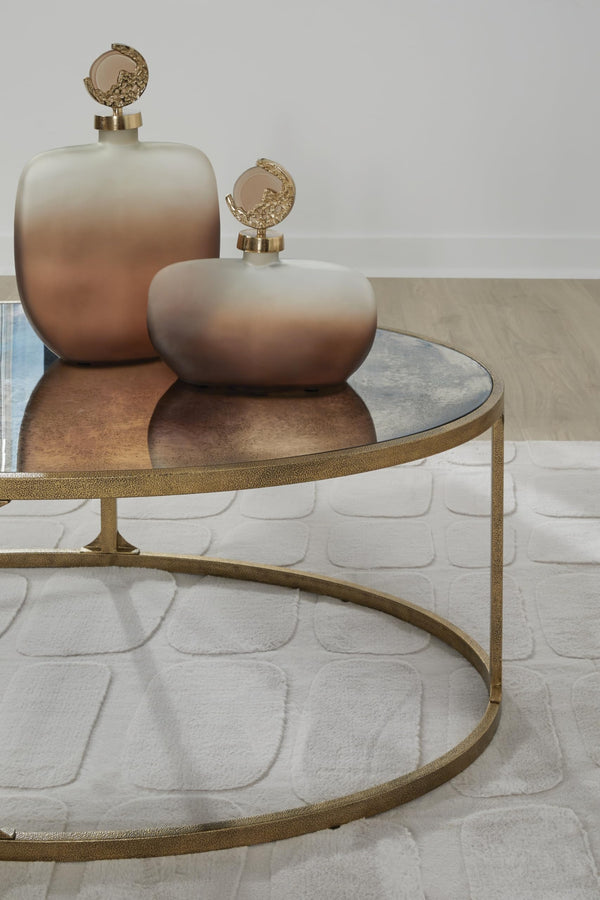 Oval Coffee Table – Tempered Glass Top, Faux Marble Finish, Antique Gold