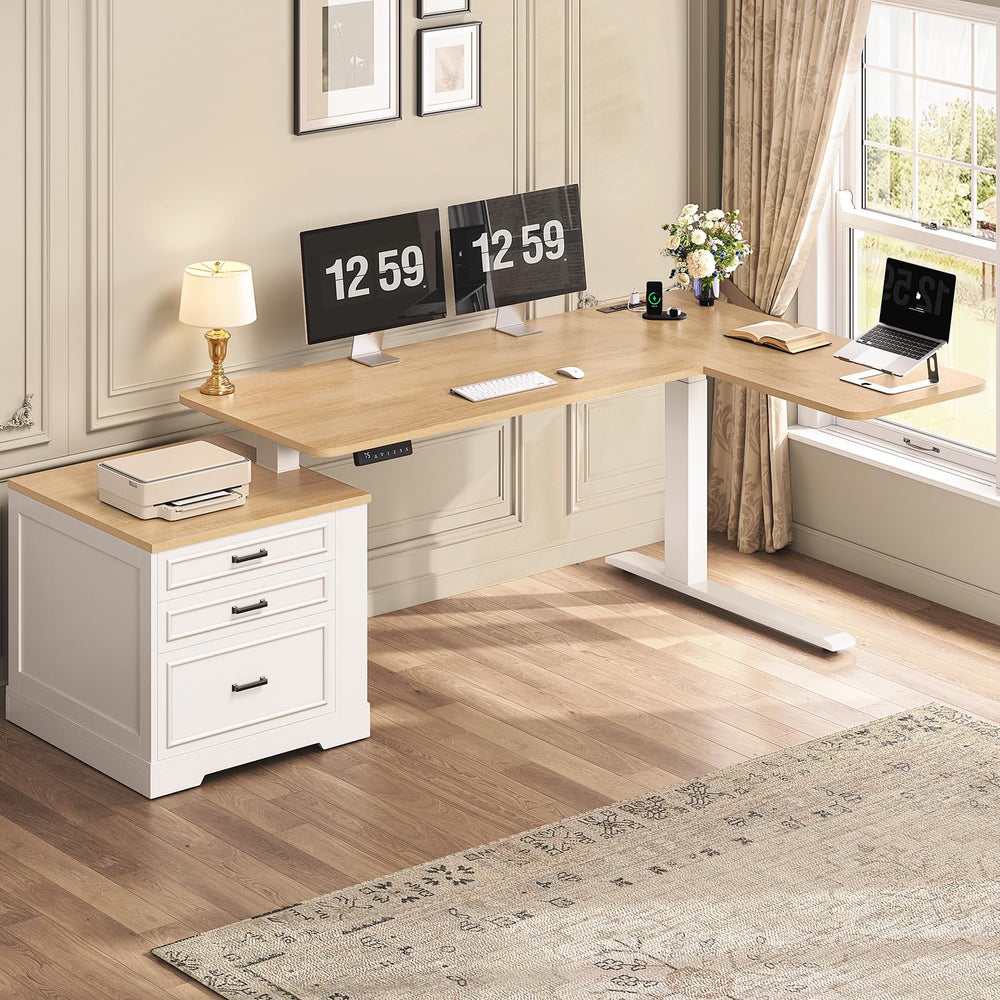 L-Shaped Electric Standing Desk with Drawers & Power Outlet