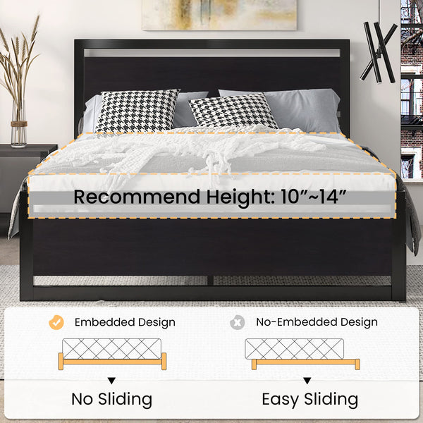 Metal Platform Bed Frame with Headboard & Slat Support