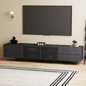 94" Mid-Century Modern Black TV Stand with Wood Slatted Doors & Metal Base