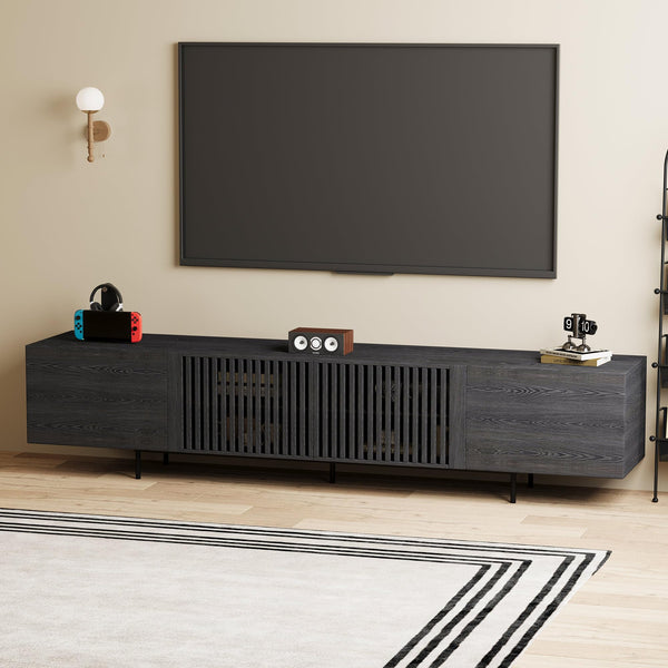 94" Mid-Century Modern Black TV Stand with Wood Slatted Doors & Metal Base
