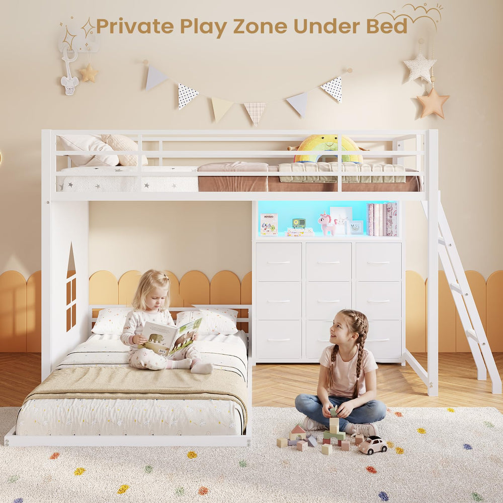 Twin Over Twin L-Shaped Low Bunk Bed with 9 Storage Drawers and LED Lights