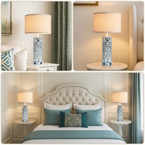 Coastal Vintage Table Lamp Set of 2 with USB Ports & Nightlight