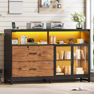 59" File Cabinet with 2 Lockable Drawers, Power Outlets & LED Lights