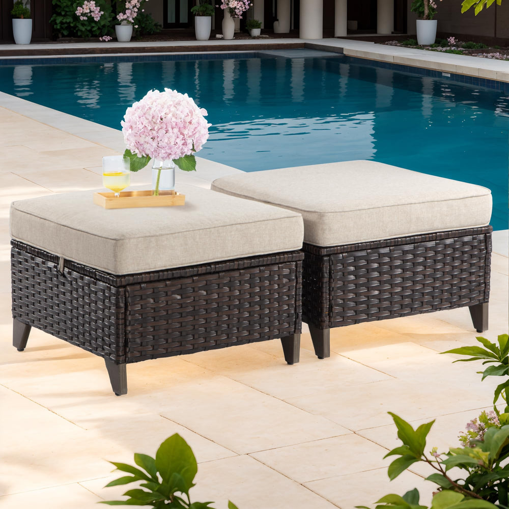 Patio Ottoman Set of 2 – All Weather Outdoor Rattan Footstools with Removable Cushions