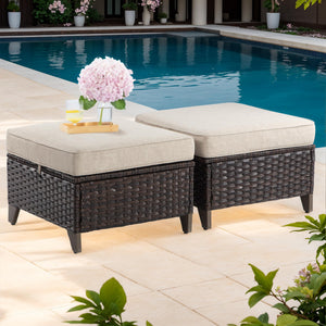 Patio Ottoman Set of 2 – All Weather Outdoor Rattan Footstools with Removable Cushions